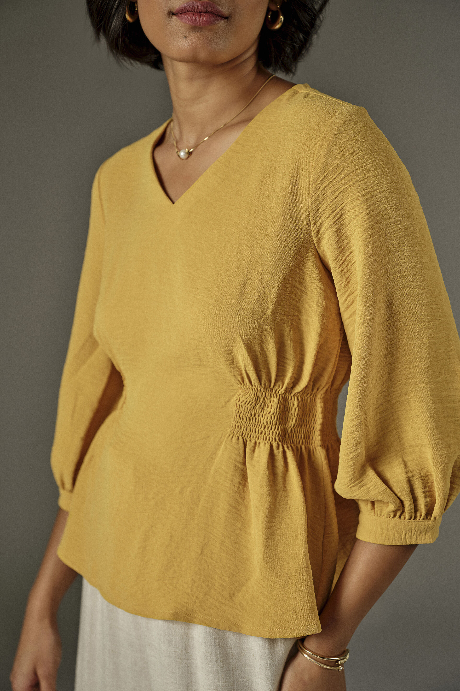Side Smocked Top in Mustard, Mustard, image 3